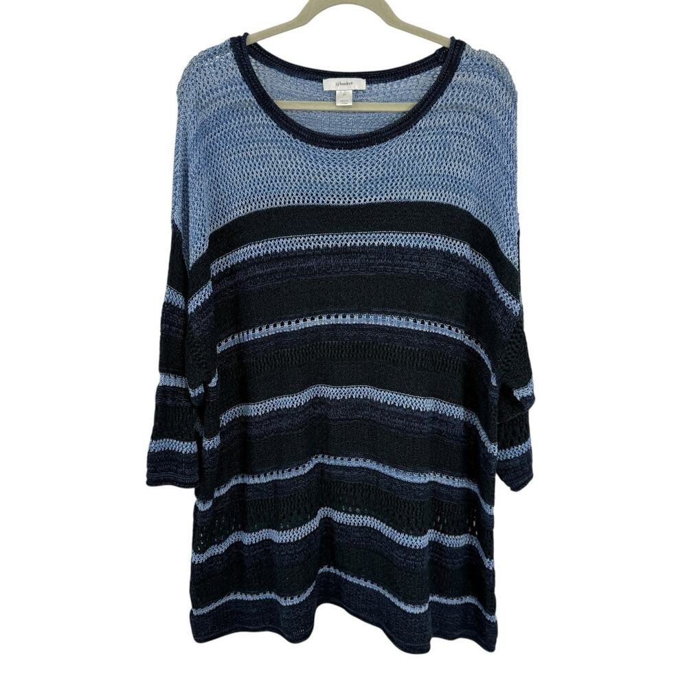CJ Banks Open Knit Beach Sweater Layering Tunic Blue Striped 3/4 Dolman Slv